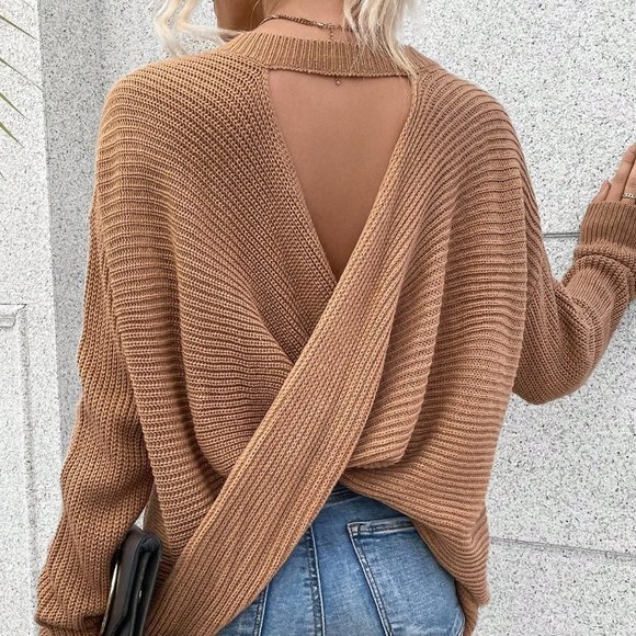 Camel Casual Womens Cut Out Wrap Cross Back Drop Shoulder Sweater - Picture 5 of 5